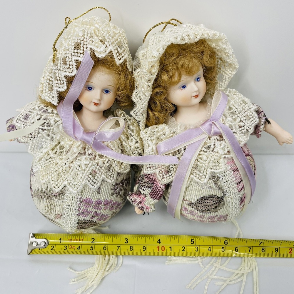 Vintage Victorian Porcelain Doll Ornaments Set of 2 Lace Floral Tapestry 6 Inch
